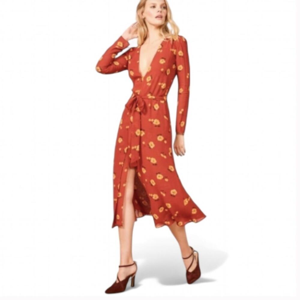 Reformation Hailey Joy Front Slit Belted Floral Dress Small